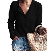 Camisa de punto gofrado de corte holgado para mujer, ligera, transpirable, informal, de color liso, con cuello en V y abertura lateral.