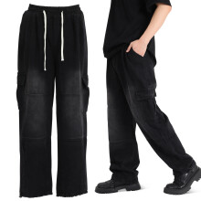 Black Cotton Men's Loose Straight Fit Baggy Cargo Jeans Pants