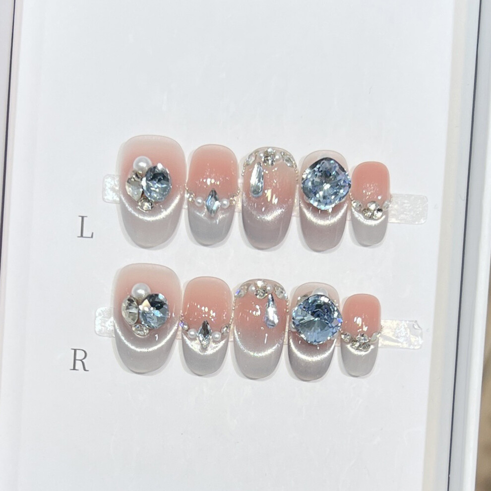 Hue-Grain (Xs) 10Pcs French Cat Eye Press-On Nails For Travel & Dating