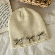 (Creamy White) Vintage Hiphop Beanie with Bow, Lightweight & Warm