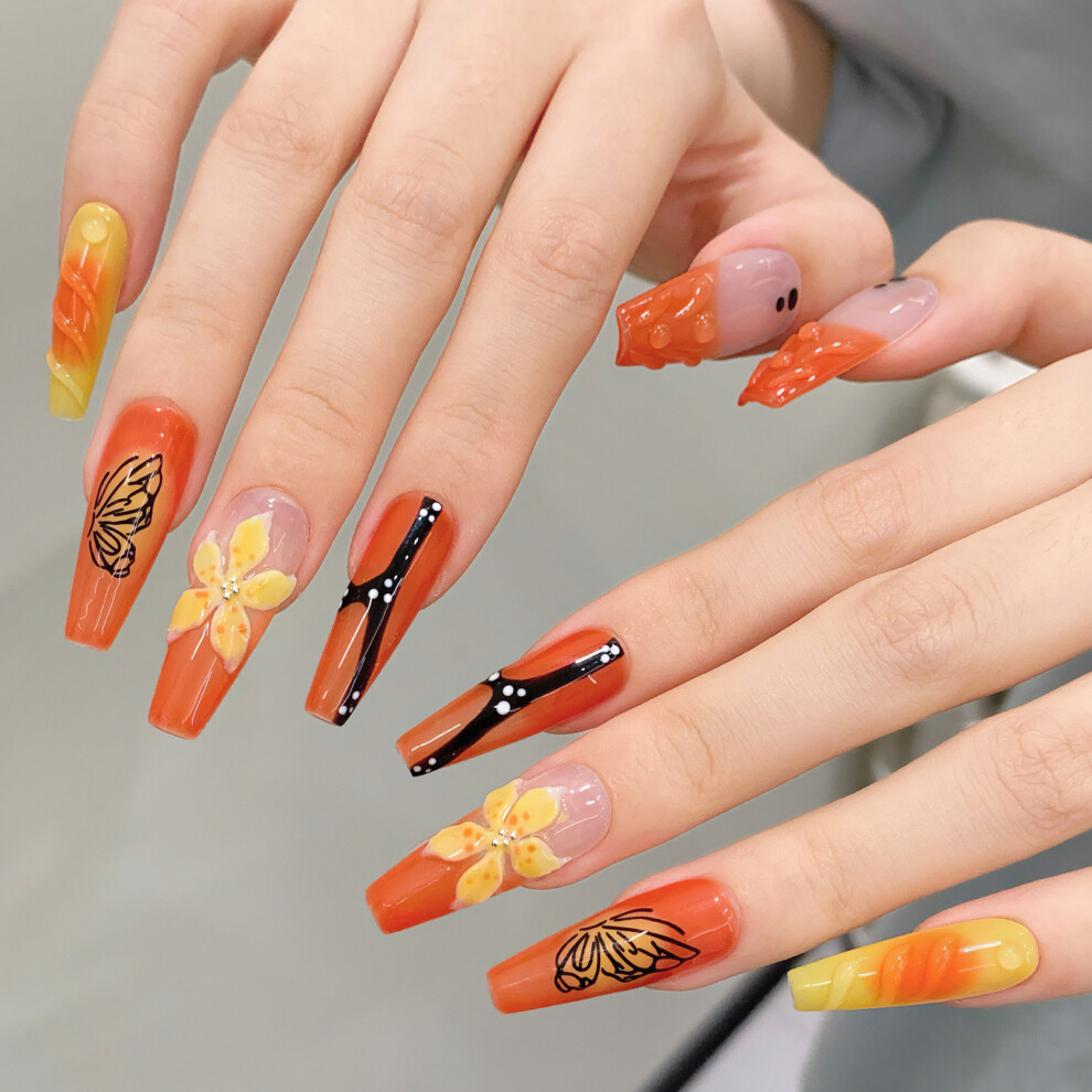 Roc-Electron (Xs) Butterfly Print Orange Fake Nails, Lightweight & Easy Stick