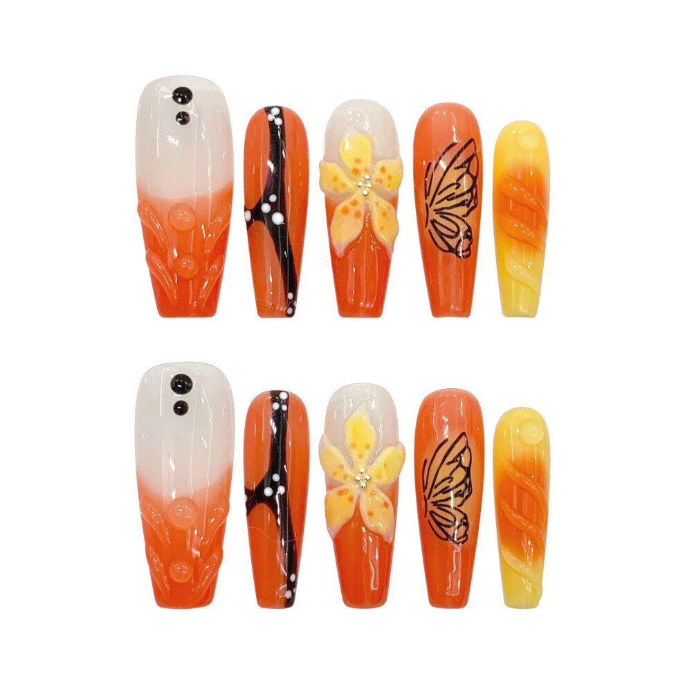 Dachuang Beauty (S) Butterfly Print Orange Fake Nails - Lightweight & Easy Stick
