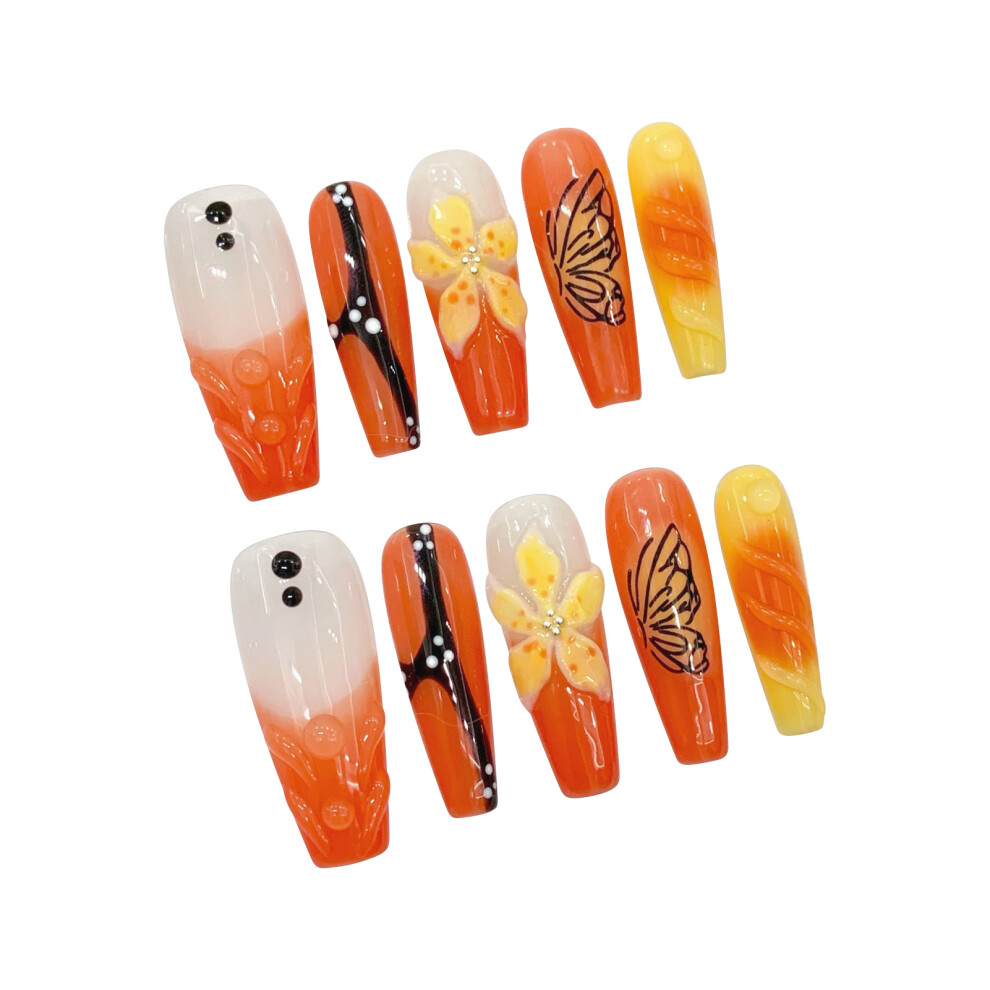 Roc-Electron (L) Butterfly Print Orange Fake Nails, Lightweight & Easy Stick