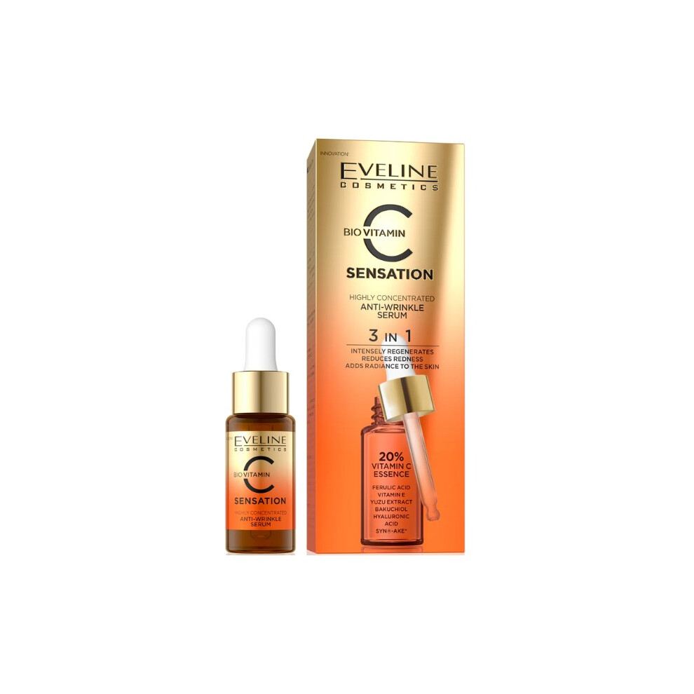 Eveline C Sensation Anti-Wrinkle Serum - Vitamin C + Hyaluronic Acid - Brightening & Firming Face Serum for Youthful Radiance 18ml