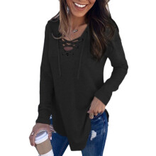 Blusa feminina moderna de manga comprida, leve, com decote em V, cordão ajustável, estilo cruzado na frente e tecido macio ao toque. Estilosa e