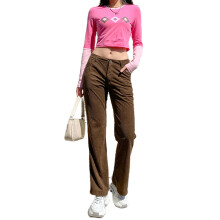 Pantaloni de catifea reiată respirabili, prietenoși cu pielea, pentru femei, cu talie înaltă elastică, cu picior larg, cu buzunare, design retro