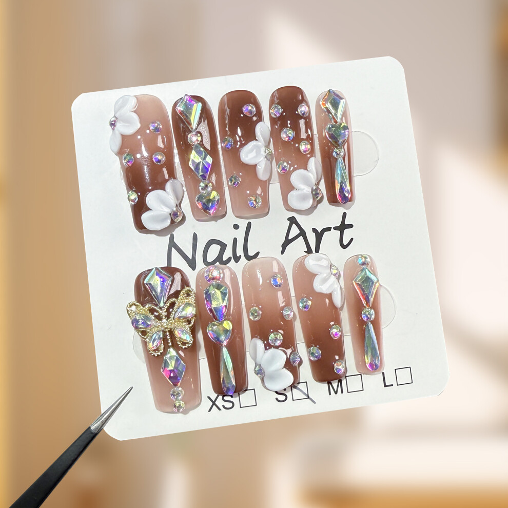 Dachuang Beauty Brown (M) 10Pcs Gradient Rhinestone Fake Nails For Parties