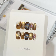 (1243 Mocha Crisp New Chinese Style, M) 10Pcs Brown Cat Eye Press On Nails for Women