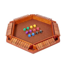 (Brown) Wooden Shut The Box Dice Game for 6 Players - Family Pub Math Strategy Activity with 8 Dice, Brown