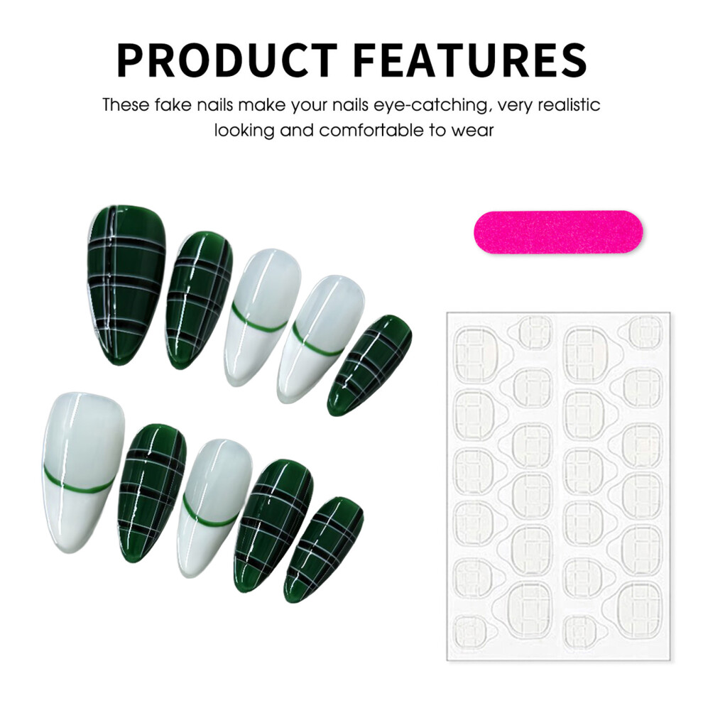 Creation-3C (Almond, Xs) 10Pcs Vintage Press On Nails With Grid Print