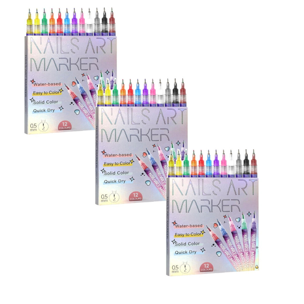 3D Nail Art Pens Fine Tip 0.5mm 12 Colors 3-Pack