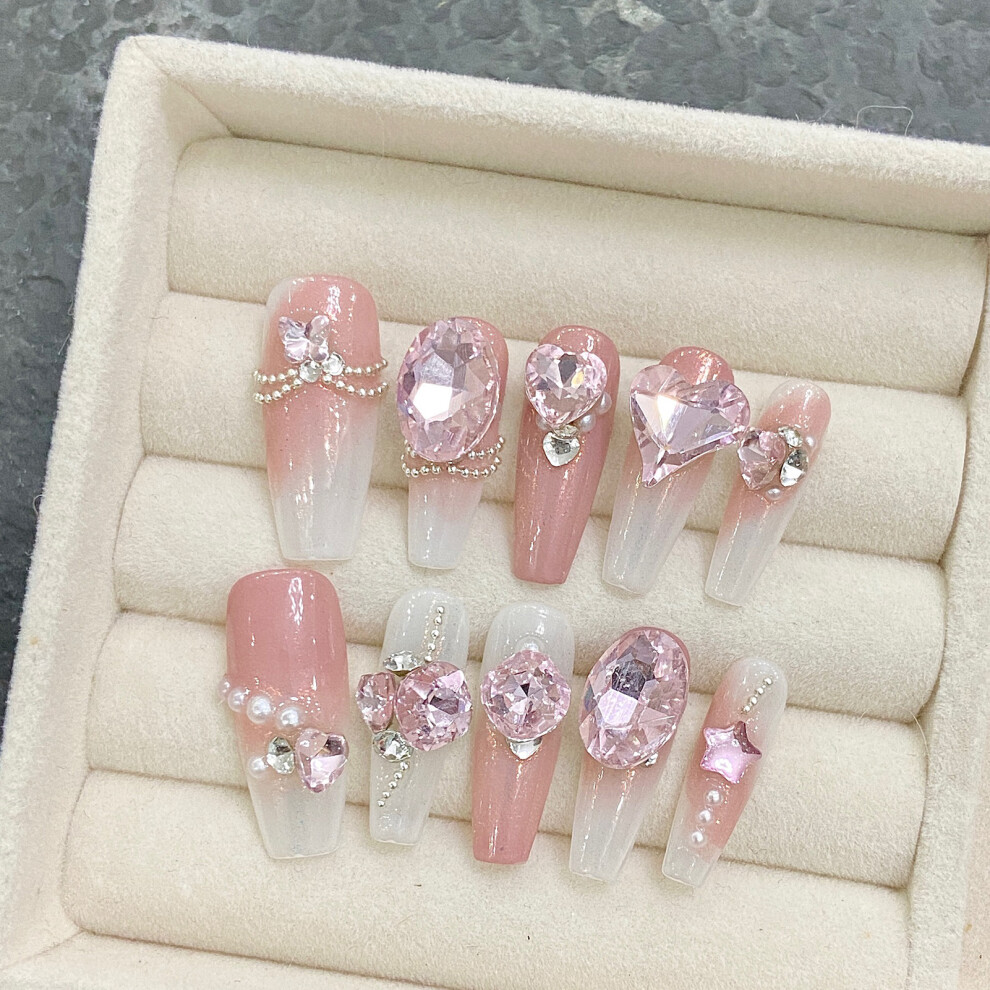 Roc-Electron (Xs) Rhinestone Pink Gradient Fake Nails For Stage Wear
