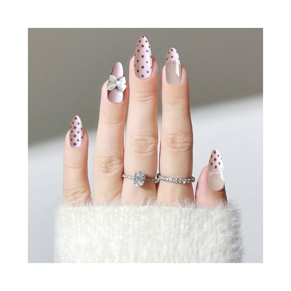 Roc-Electron Pink 30Pcs Brown Polka Dot False Nails For Wedding Party