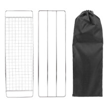 Grelha portátil para camping, resistente e durável, em malha de aço inoxidável, ideal para condições extremas. Acompanha bolsa de armazenamento
