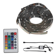 Fita de LED brilhante 5050RGB para rack de TV, flexível e à prova d'água, com adesivo na parte traseira e controle remoto. Ideal para mesas e