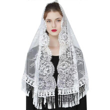 (White) Woman Mantilla Veil Lace Trim Sheer Shawl for Wedding Church Mantilla Breathable Shawl Veil Wedding Mantilla White