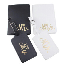 Couple Passport for Case Holder Wallet Leather PU Pink for Grey Cover Mr. Mrs. Luggage Tag