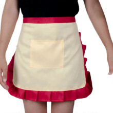 (Yellow) Women's Elegant Short Half Apron with Ruffled Trim and Pocket Contrast Color Waitress Costume Restaurant Waist Apron Yellow