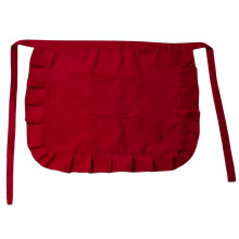 (Red) Women's Elegant Short Half Apron with Ruffled Trim and Pocket Contrast Color Waitress Costume Restaurant Waist Apron Yellow