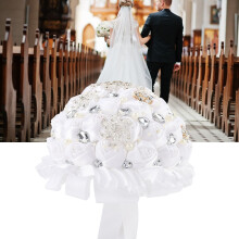 Buchet de mireasă, flori artificiale din satin, stras, perle, corsaj reutilizabil, lucrat manual, decorațiuni elegante pentru ceremonii, design