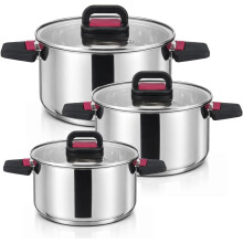 Stainless Steel Stock Pot with Lid | Casserole Pot Set 18cm, 22cm & 26cm Cookware Set | Induction Hob Pot Foldable Cool-Touch Handles