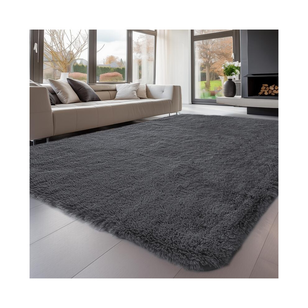 (Pure Dark Grey, 6' X 9' (200X300cm)) Area Rugs For Living Room Runner Rug For Bedroom, Washable Anti Slip Fluffy Rug Shaggy 3352022643060