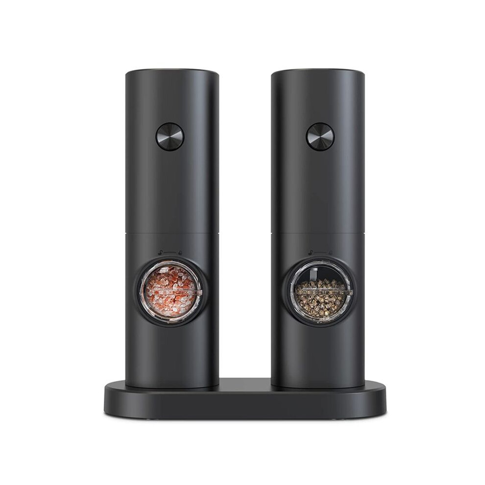 Semoic Electric Salt And Pepper Mill Set, Battery Operated Black Pepper Mill With Base, 5 Coarse Levels, Adjustable