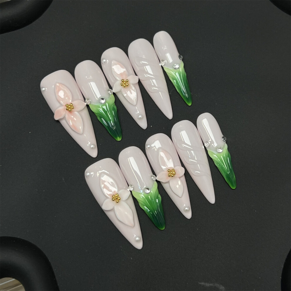 Dachuang Beauty (C071 Cherry Blossom) 3D Floral False Nails - 10Pcs Cherry Design