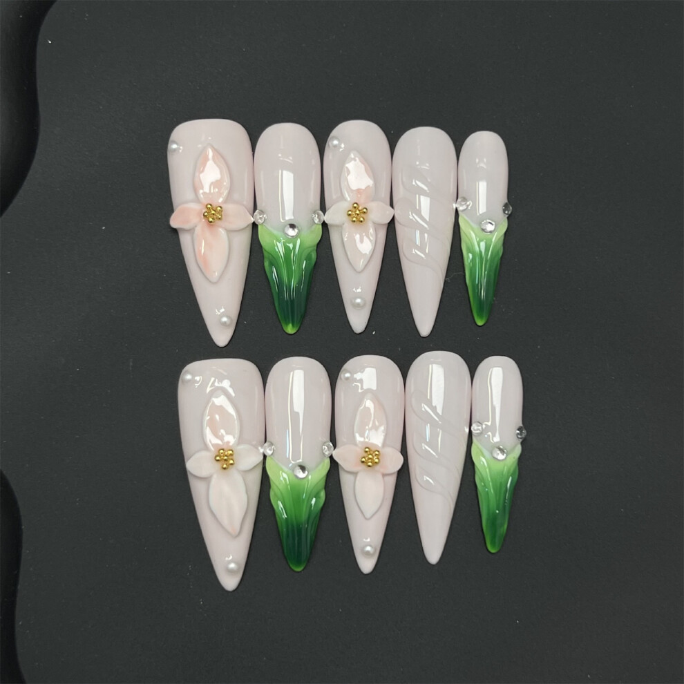 Dachuang Beauty (C071 Cherry Blossom) 3D Floral False Nails - 10Pcs Cherry Design