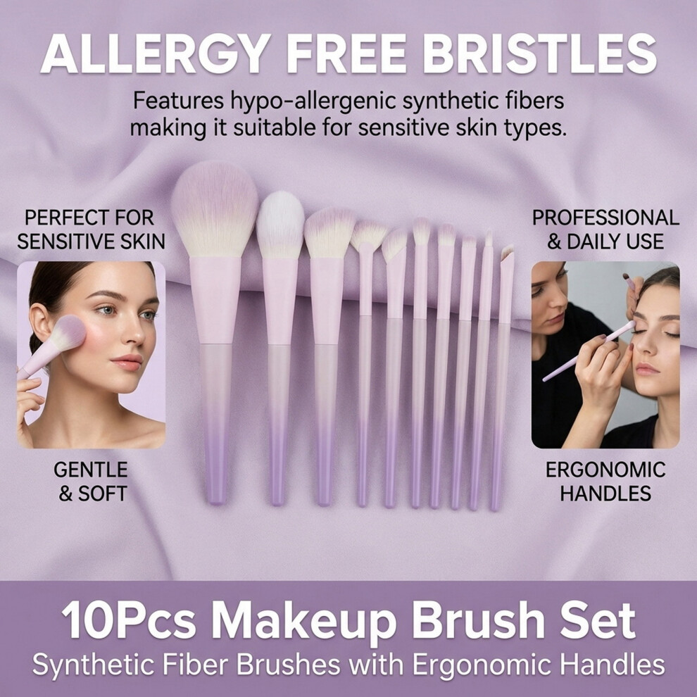 Hue-Grain (Light Purple) 10Pcs Synthetic Makeup Brush Set, Ergonomic Handles