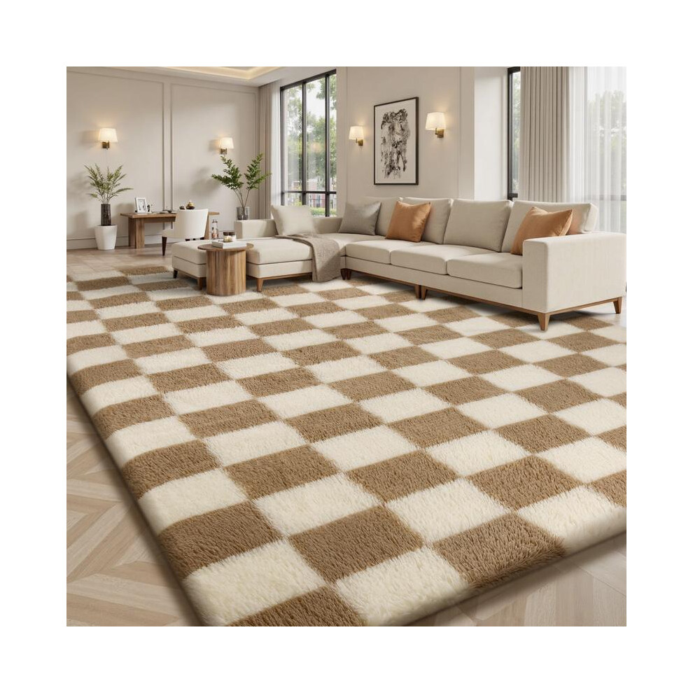 (Cream And Camel, 5' X 7.5' (160X230cm)) Classic Checkered Living Room Rug, Soft Fluffy Bedroom Machine Washable Non-Slip Carpet Rug For 3352022637366