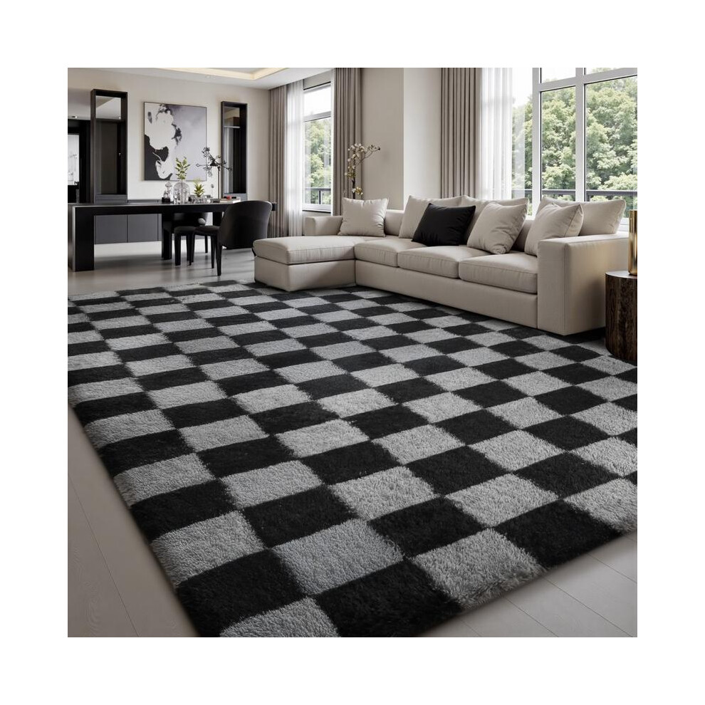 (Gray And Black, 5' X 7.5' (160X230cm)) Classic Checkered Living Room Rug, Soft Fluffy Bedroom Machine Washable Non-Slip Carpet Rug For 3352022637410