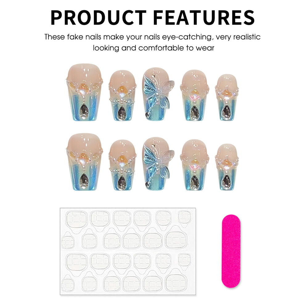 Dachuang Beauty Blue (Short Ladder) French Tip Fake Nails, Salon Supply