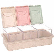Double-Layer Drain Basket Natural Wheat Straw Spice Storage Containers Transparent Compartment Design Seasoning Box with Spoon Lids Stackable and