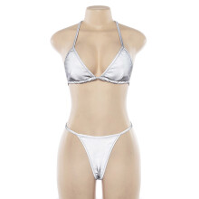 Ekstrem sexet bikini-badedragt med bindedetaljer i siden, trekanttop og mikro-thong-design i åndbart stof, PU-læderinspireret halterneck-halskæde