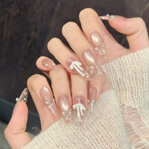 (XS) 10er Nude Pink Strass Fingernägel 1