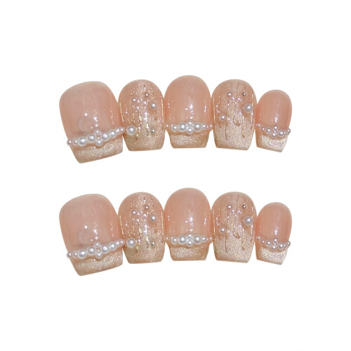 (S) Glitter French Nude False Nails - Square Tips 2