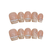 (L) Glitter French Nude False Nails - Square Tips