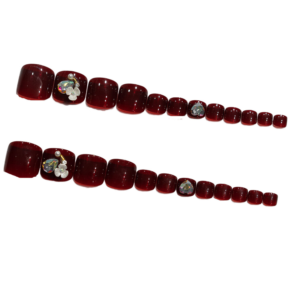 Dachuang Beauty Red Rhinestone Wine False Toenails For Girls
