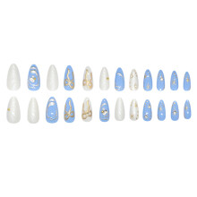 24PCS Blue White False Nails with Bowknot Decor