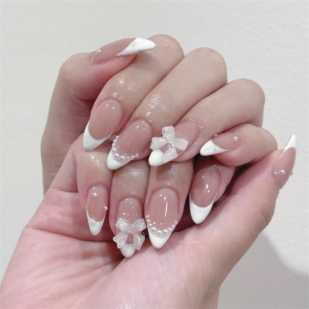Dachuang Beauty White 24Pcs Almond False Nails With Pearl Bowknot