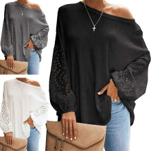 Balloon Sleeve Blouse For Women With V Neck Lightweight Stretchy Fabric Boho Tops Long Sleeve Floral Print Elastic Cuffs Curved Hem Soft Casual Loose