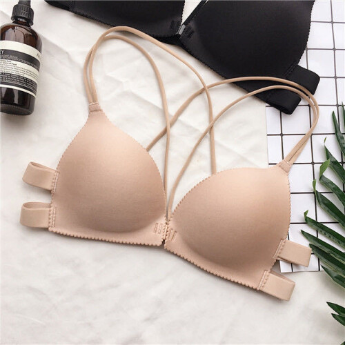 (Apricot) Strapless Leather Bra - Front Buckle
