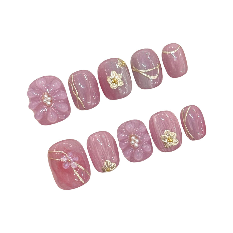 Dachuang Beauty Pink 3D Flower Press-On Nails, 10Pcs, Reusable