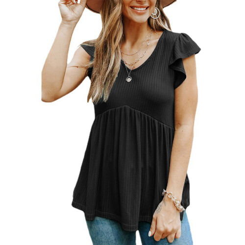 Γυναικεία Καλοκαιρινή Μπλούζα Peplum Ελαφριά Ριμπ Κοντό Μανίκι Casual Τοπ με Βολάν,