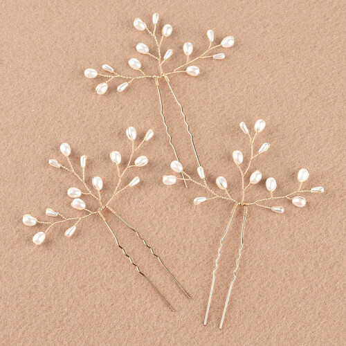 (Silver 3pcs) Pearl Rhinestone Bridal Hair Fork
