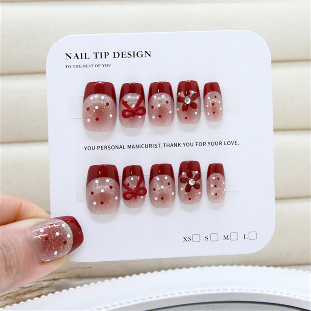 Dachuang Beauty (Fm304 S) 10Pcs French Blush Fake Nails With Polka Dot Design