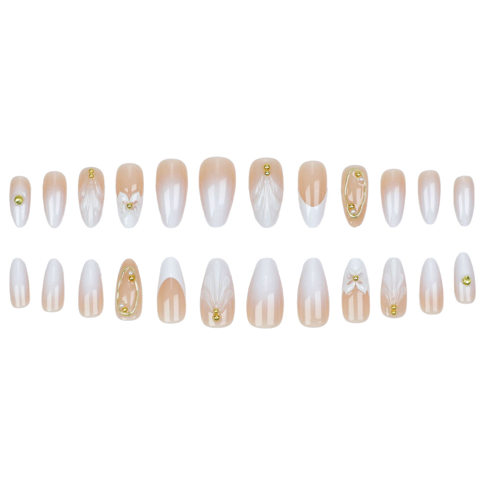 Hue-Grain Gradient Glossy False Nails With Flowers - Easy Apply