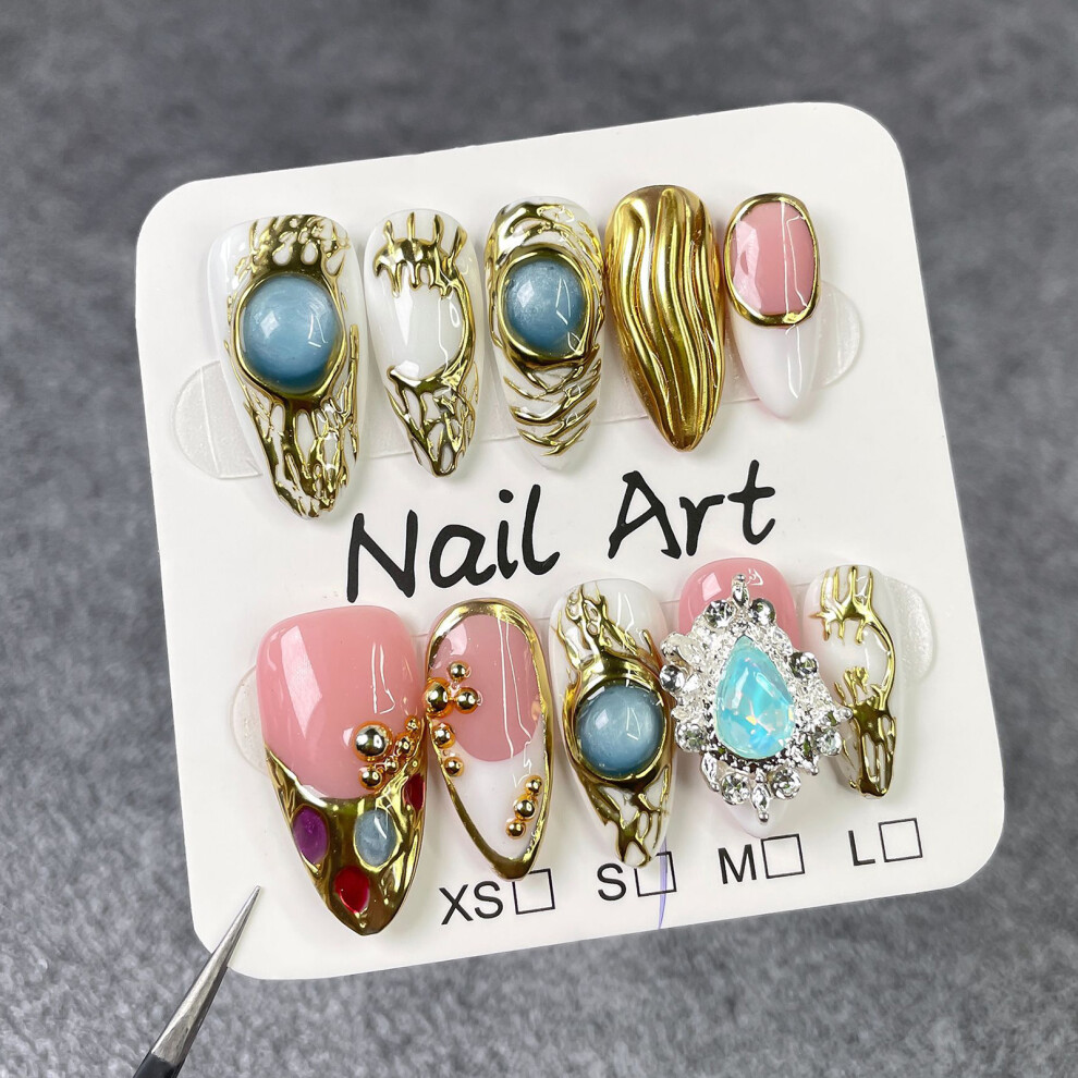 Zhouq-Outdoors (Xs) 10Pcs Glossy Almond Fake Nails With Gold Beads