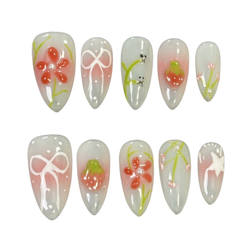 (XS) Bowknot Blush False Nails - 10PCS, Odorless & Eco 1